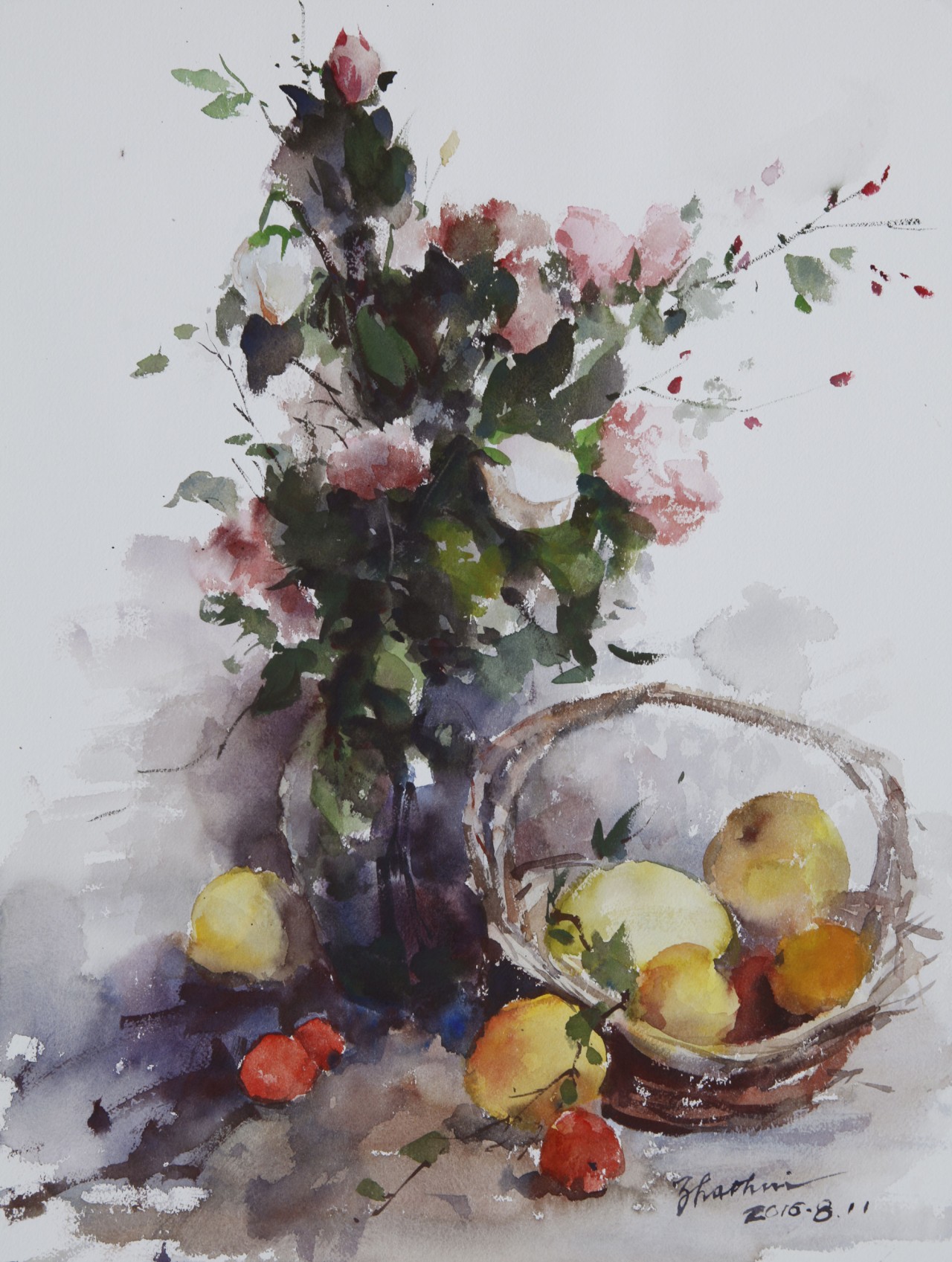 瓶花与水果绘画图片